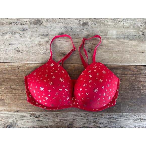 Victoria's Secret Red Snowflakes 36C Sexy Tee Wireless Push Up Bra VS - Picture 1 of 2